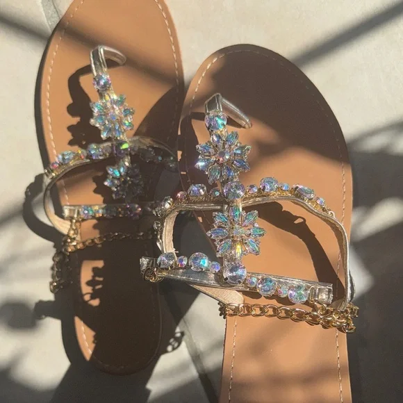 New Sandals Jeweled Bling Ankle Bracelet Slides 43 BRAND NEW Women's Size 12 - Picture 6 of 10